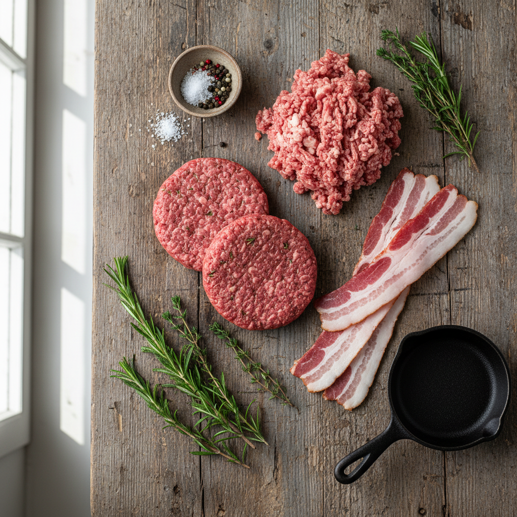 Farm-fresh bacon burger bundle with ground beef, ground pork, and thick-cut bacon on a rustic wood surface